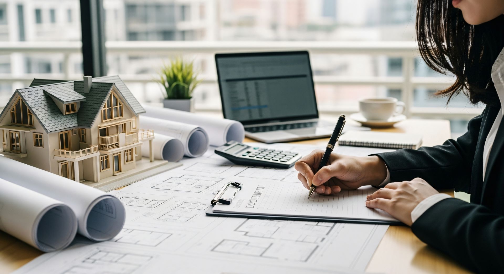 Un architecte examine des plans de maison à côté d'une maison témoin et de plans enroulés sur un bureau.