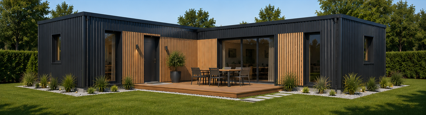 Extérieur moderne d'une maison en bois et noir avec terrasse et éclairage chaleureux en soirée.
