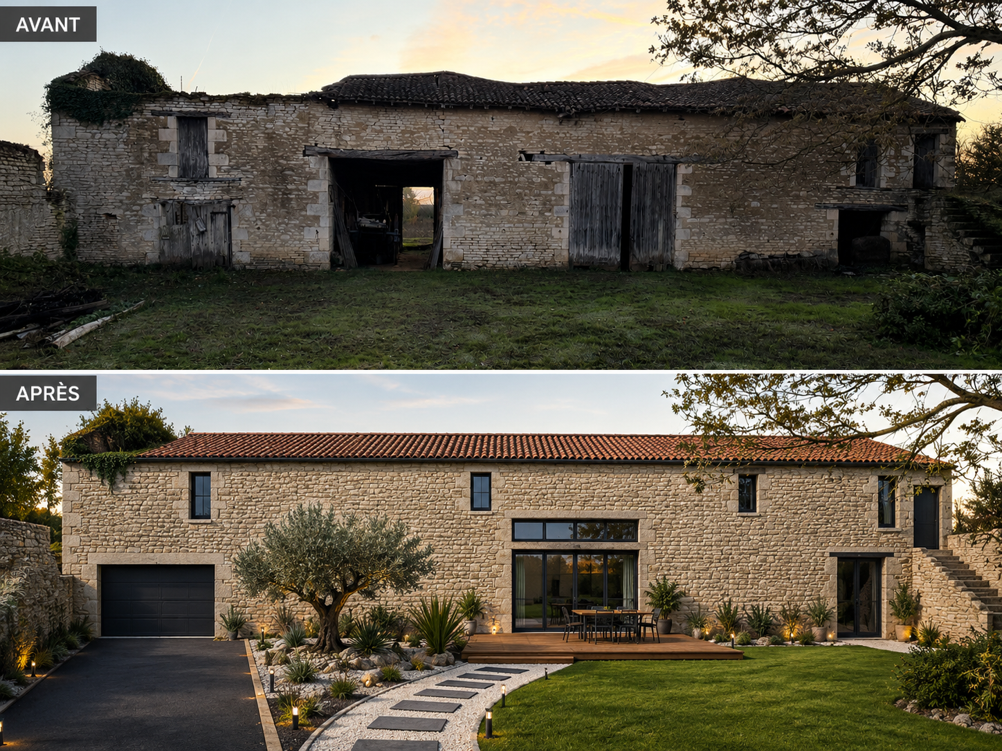 Avant et après la rénovation extérieure d'une maison en pierre, avec une façade délabrée transformée en une maison moderne.