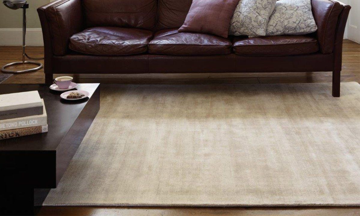 Canapé 3 places en cuir bordeau sur tapis beige