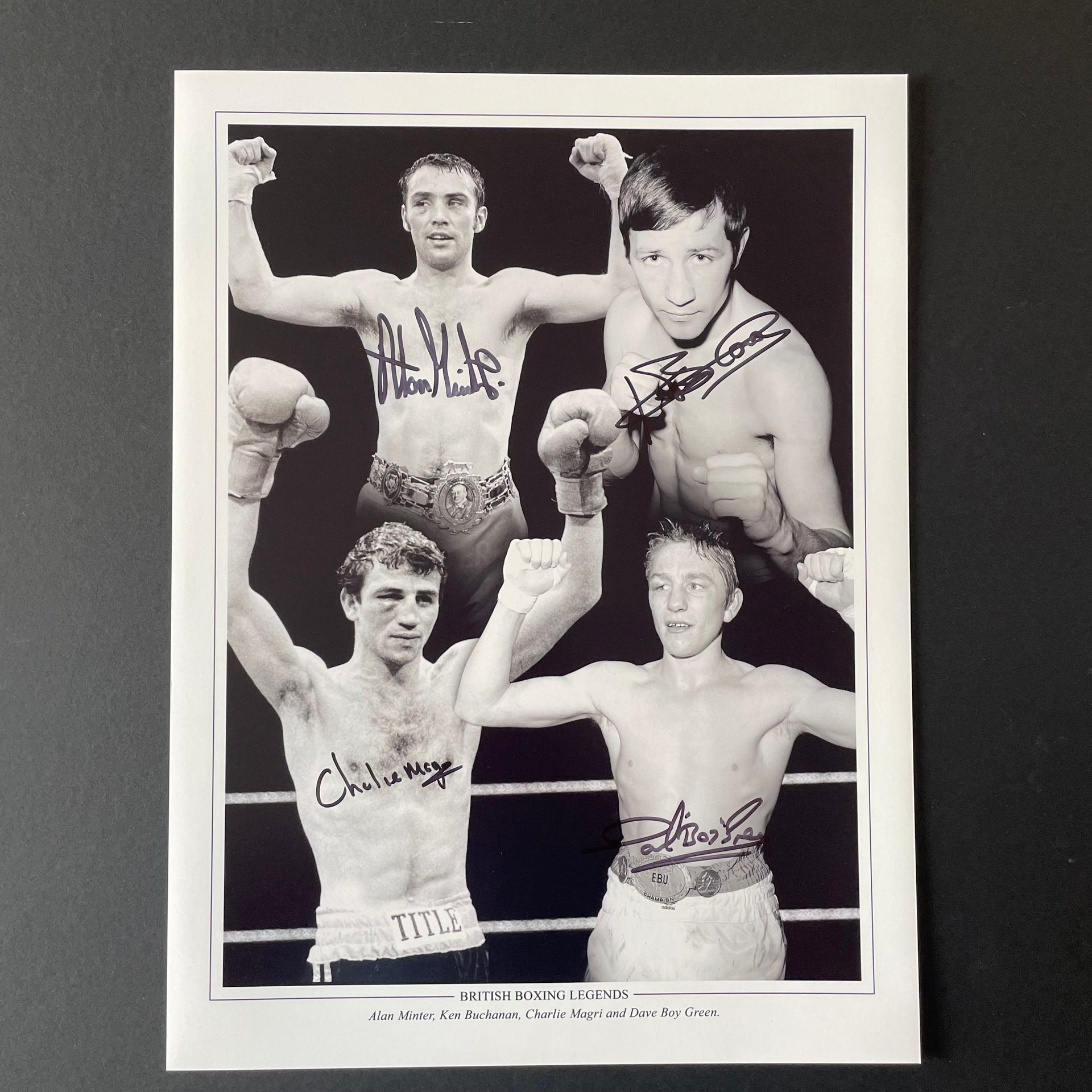 British Boxing Legends Multi-Signed Photo - Alan Minter, Ken Buchanan, Charlie Magri and Dave Boy Green.
