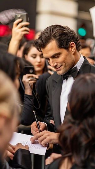 Actor in a dark suit signing autographs for fans at a public event