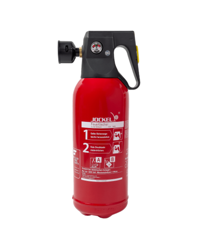 Ein roter Feuerlöscher mit schwarzem Griff auf weißem Hintergrund.