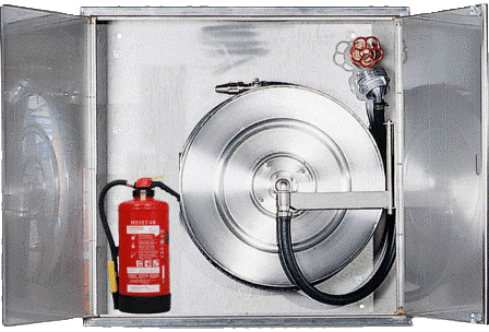 Eine Edelstahlbox mit einem Feuerlöscher darin