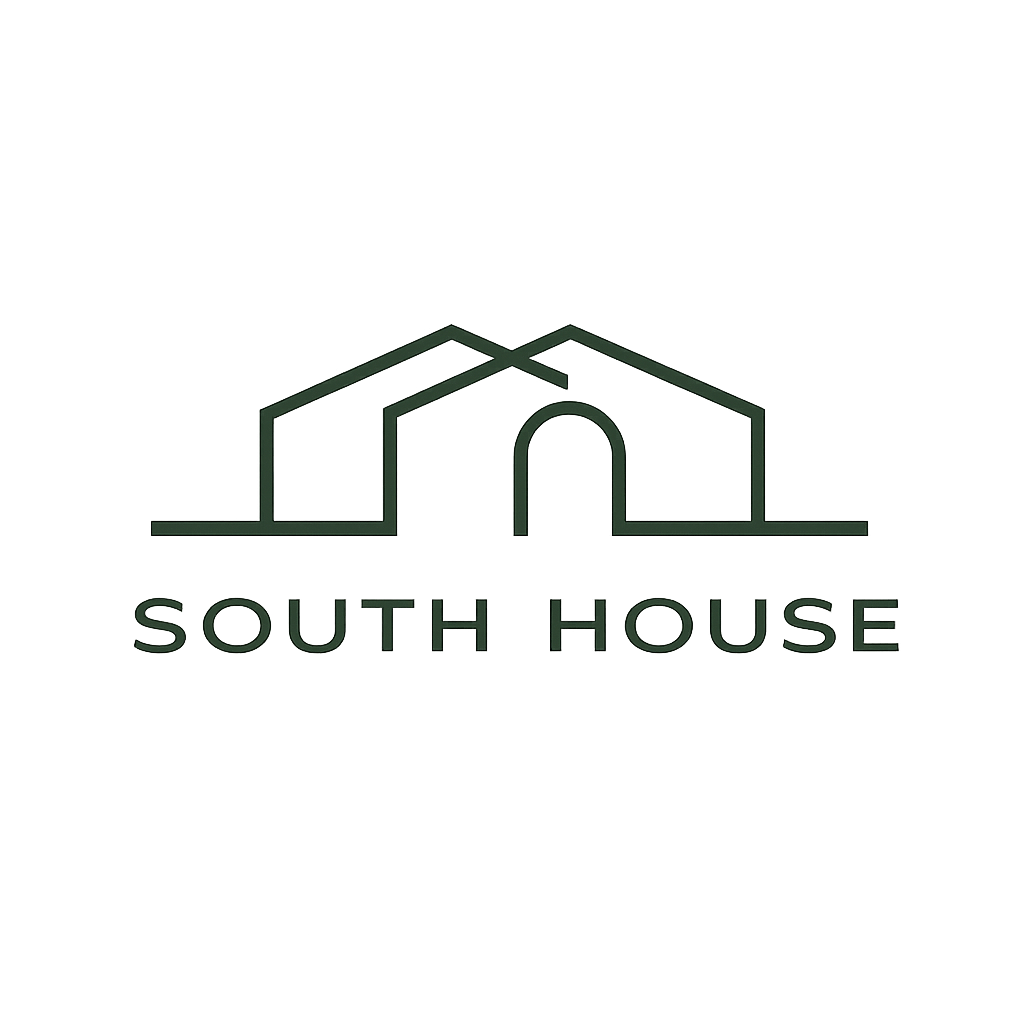South House logo with dark green house outline and text on white background