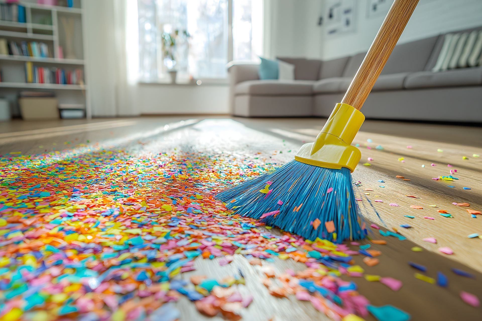 Une personne balaie le sol avec un balai et des confettis.