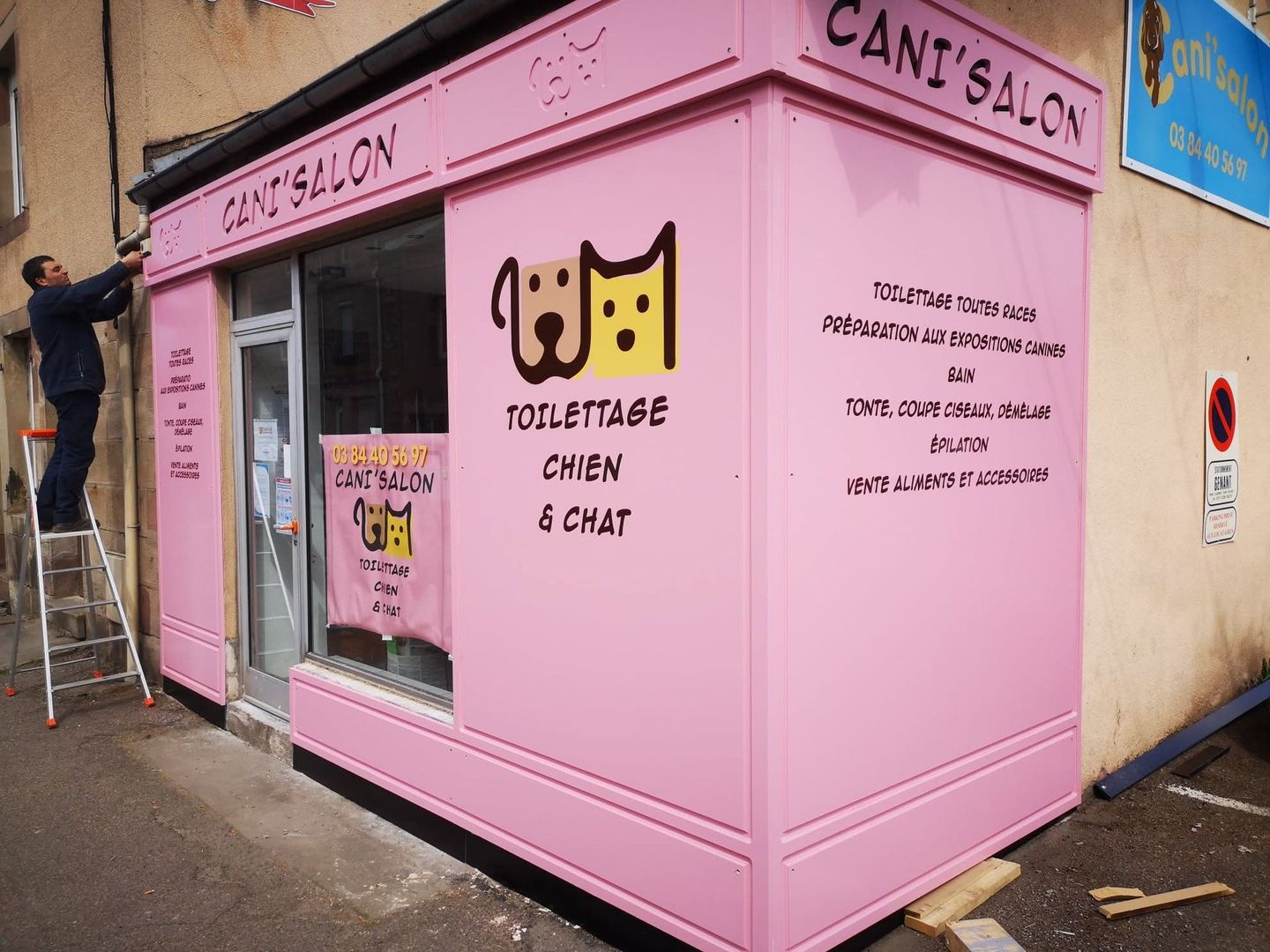 Salon de toilettage rose avec un logo de chat et l'enseigne à un coin de rue.