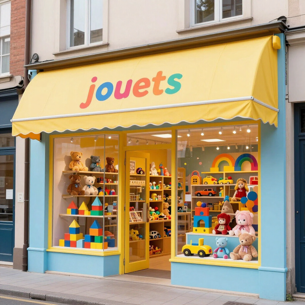 Façade jaune vif d'un magasin de jouets avec des jouets colorés et des peluches en vitrine.