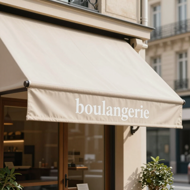 Auvent beige de boulangerie au-dessus de l'entrée du magasin.