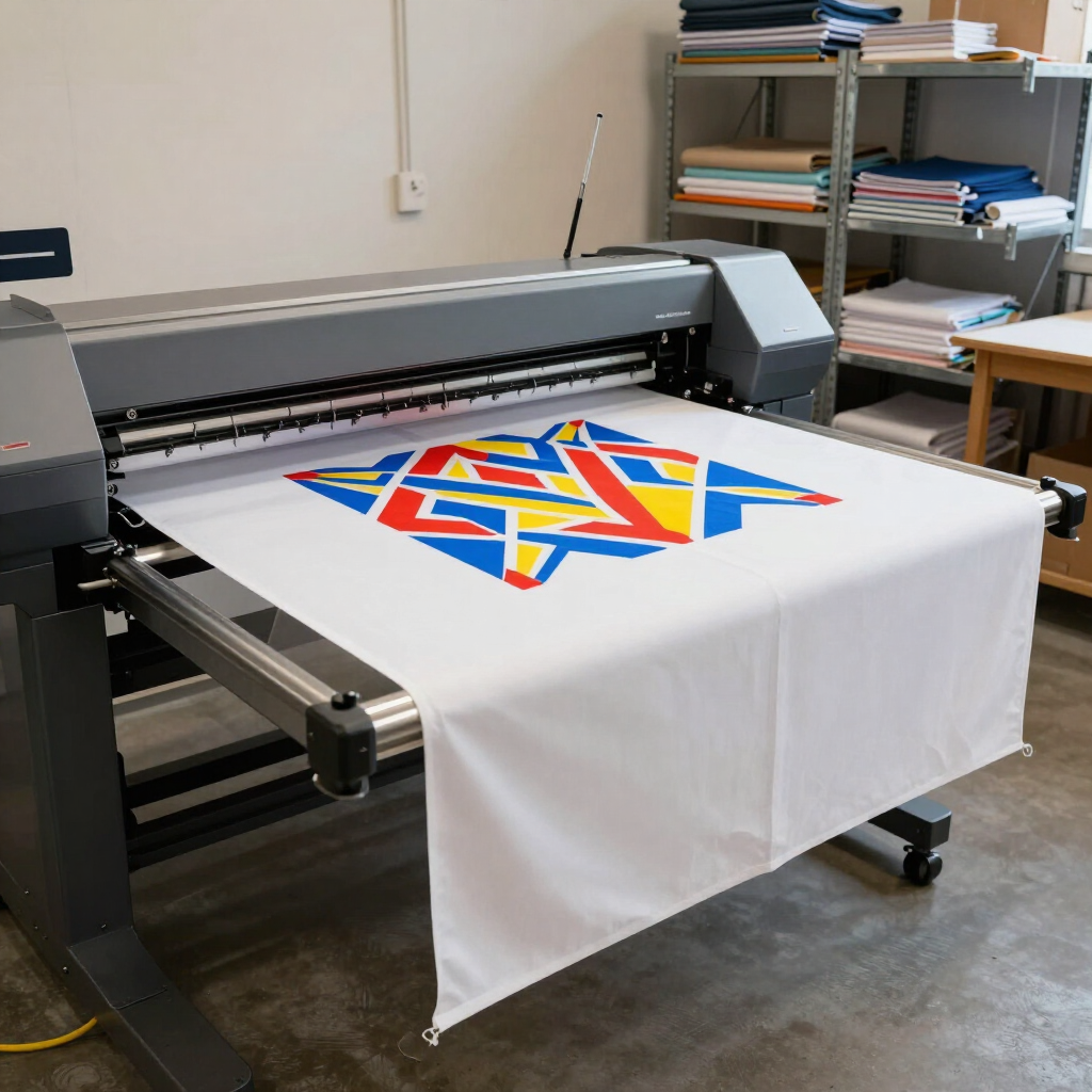 Une imprimante grand format imprime un motif géométrique coloré sur un tissu blanc dans un atelier.
