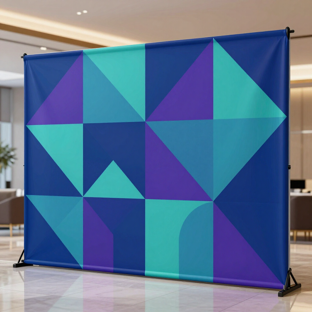 Fond géométrique coloré avec des panneaux bleus, violets et turquoise sur un support dans un hall.