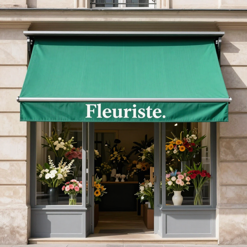 Façade de magasin de fleurs avec un auvent vert et une enseigne.