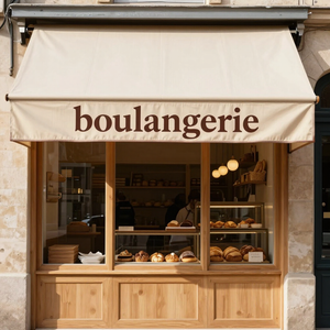 Façade de boulangerie couleur crème avec un auvent beige.