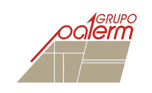 El logotipo rojo de "Grupo Palerm" estilizado con un rect&aacute;ngulo beige diagonal y fragmentado debajo.