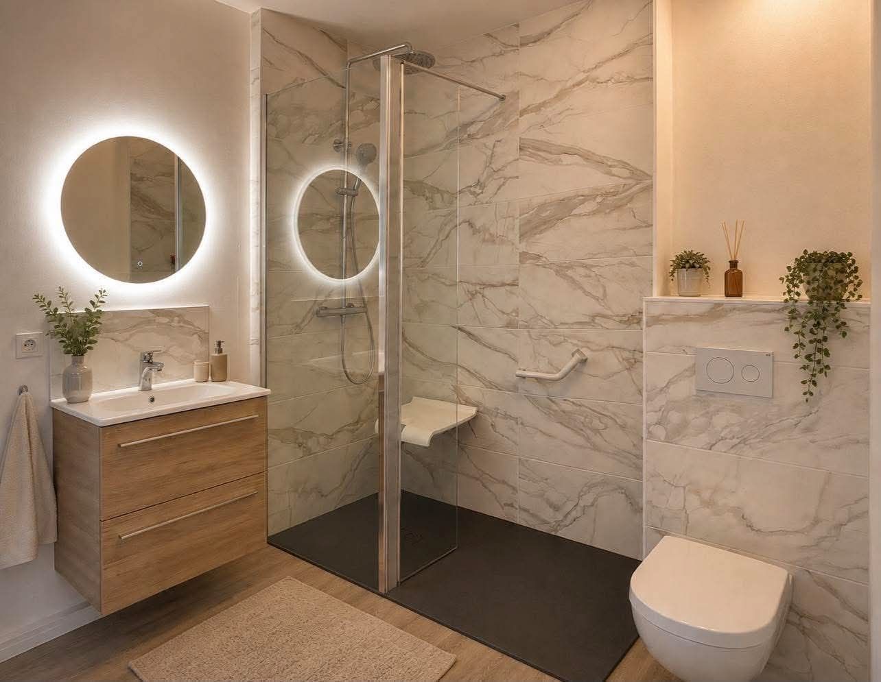 Salle de bains moderne avec douche en verre, meuble-lavabo gris