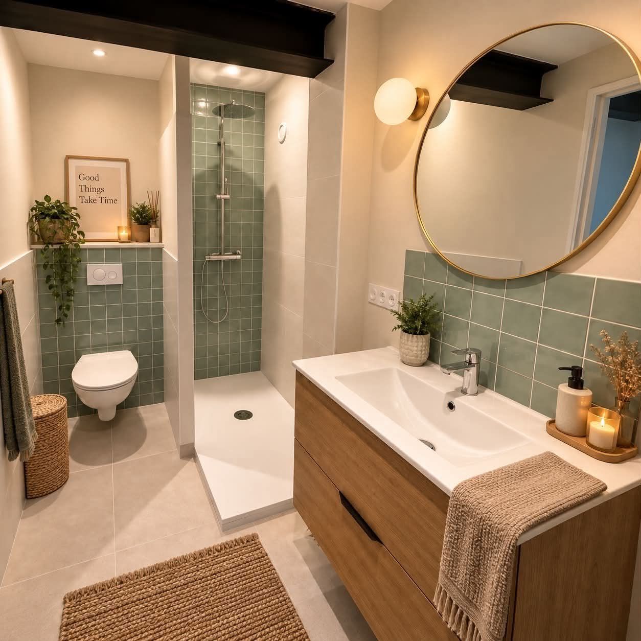 Salle de bains accessible avec toilettes blanches à côté d'une douche en verre et mur en mosaïque bleue
