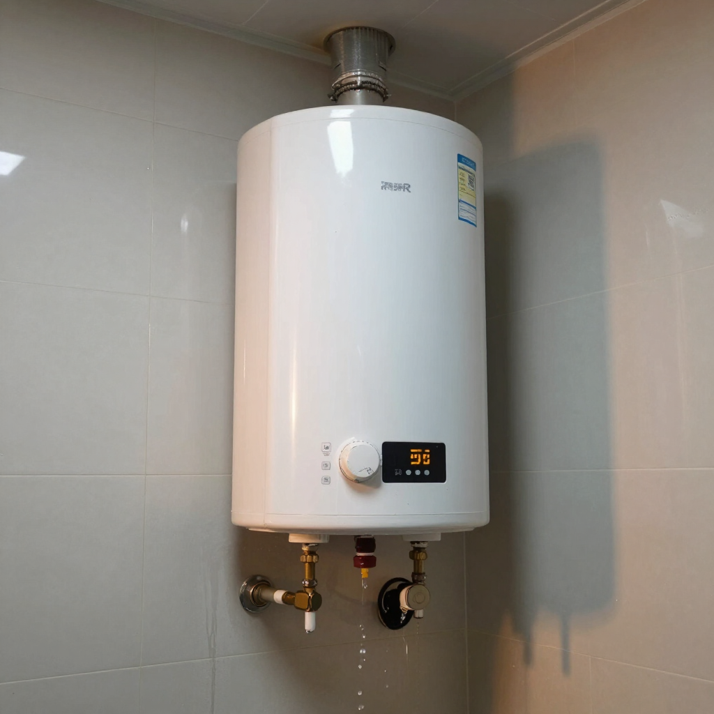 Chauffe-eau mural blanc avec affichage numérique et raccordement à la plomberie dans un coin de salle de bain carrelé