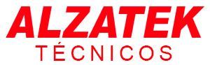 Logotipo rojo de la empresa Alzatek, con la palabra "T&eacute;cnicos" en texto m&aacute;s peque&ntilde;o debajo.