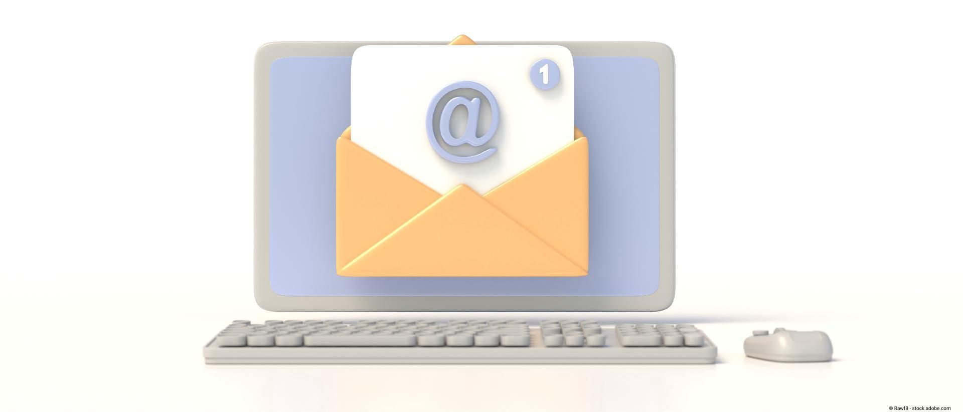 3D-Illustration einer E-Mail, Briefumschlagnachricht auf einem minimalistischen Computerbildschirm.