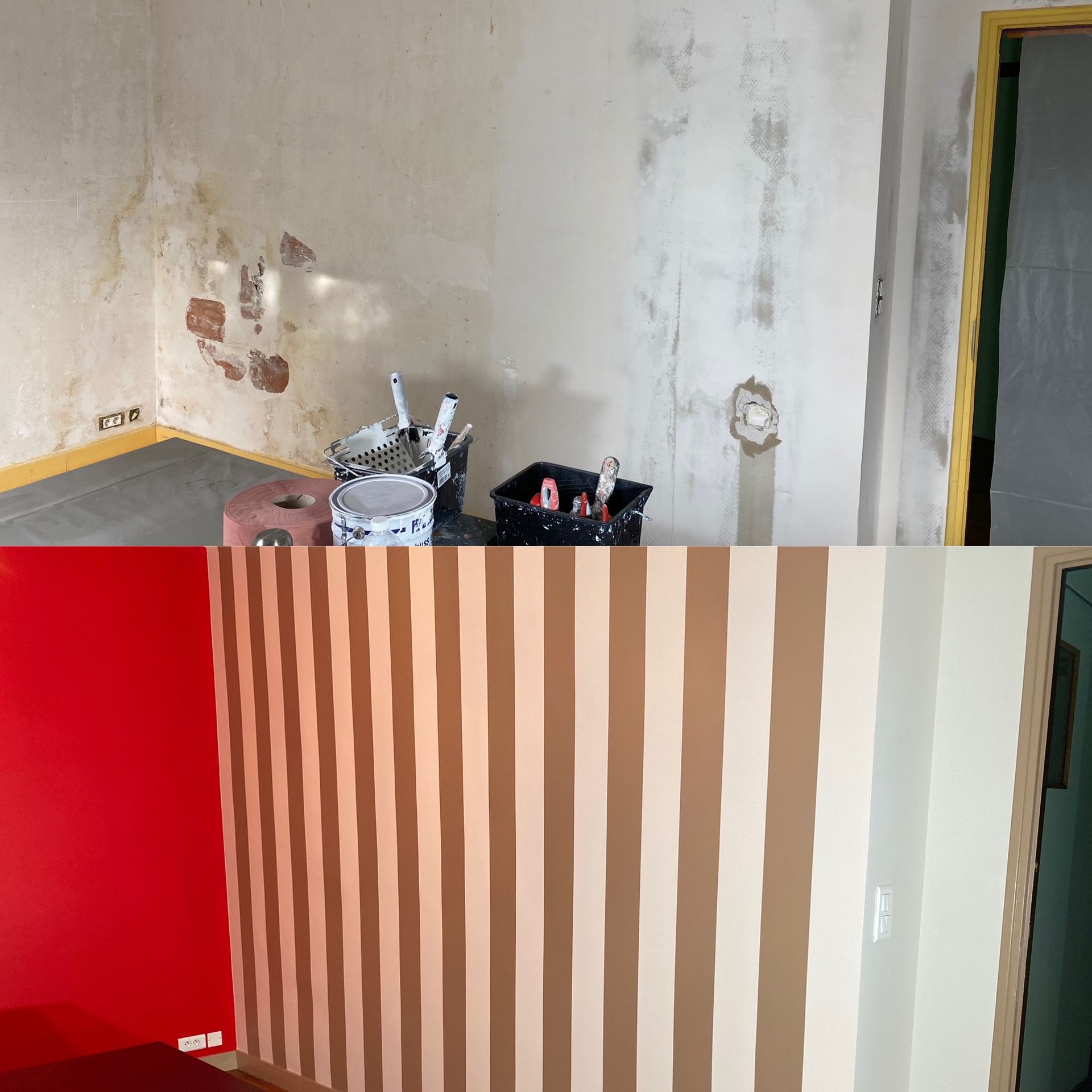 Avant et après d'une pièce : murs abîmés, fournitures de peinture, versus murs rouges et rayés.