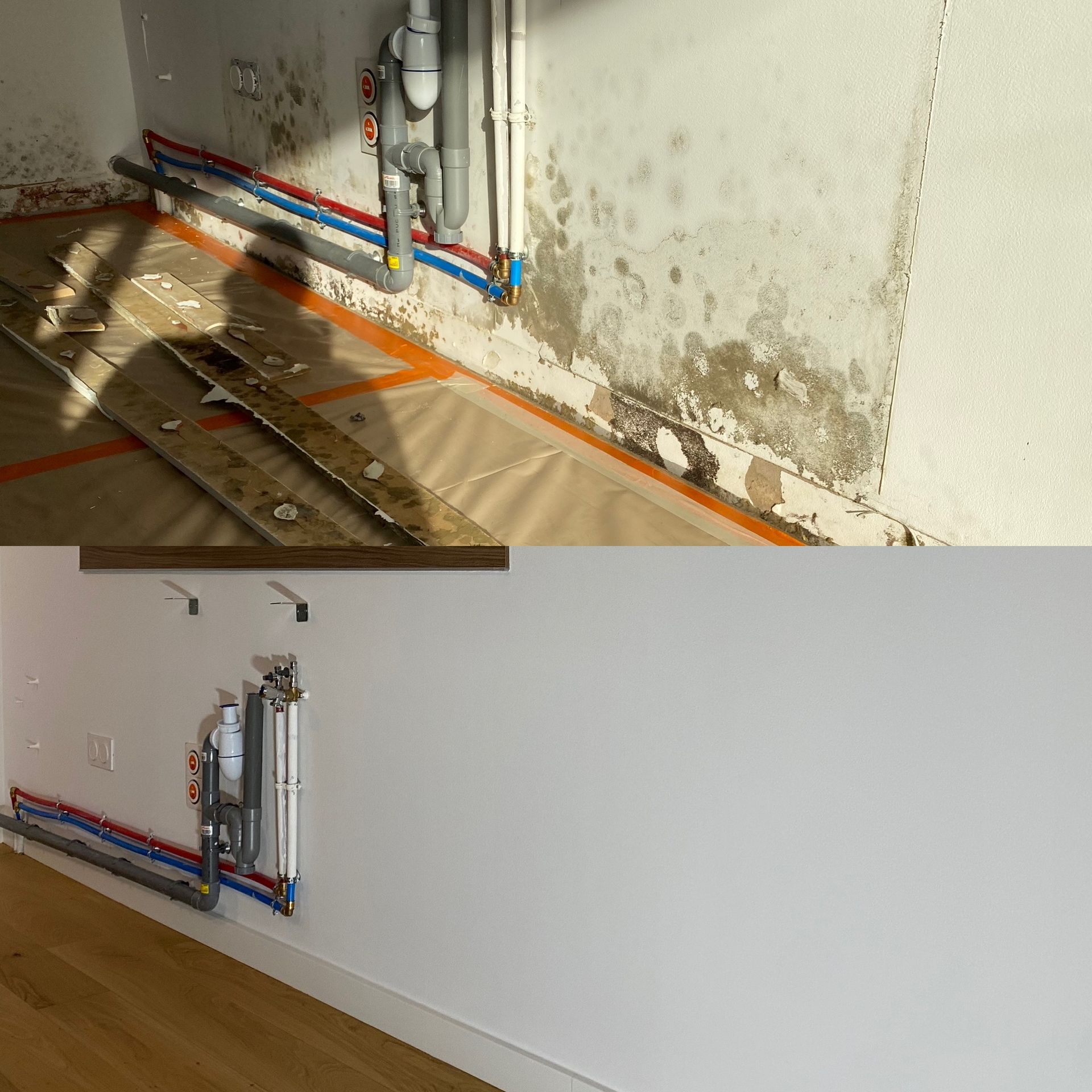 Avant et après : Mur et plomberie moisis, puis mur fraîchement peint et nouveau revêtement de sol.
