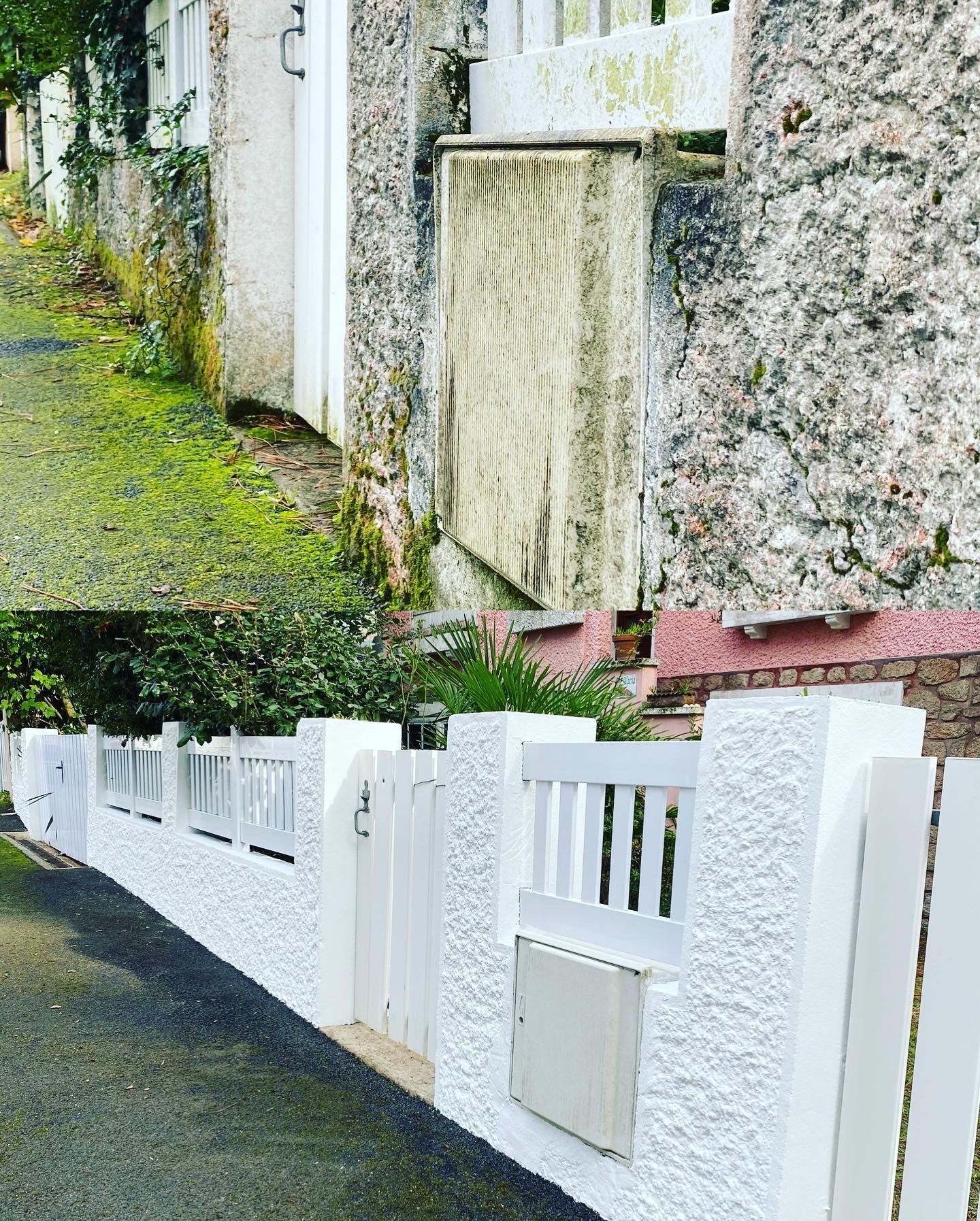 Vues avant et après d'une clôture blanche et d'un mur texturé. En haut, une vue verte et patinée. En bas, une vue fraîchement peinte en blanc.