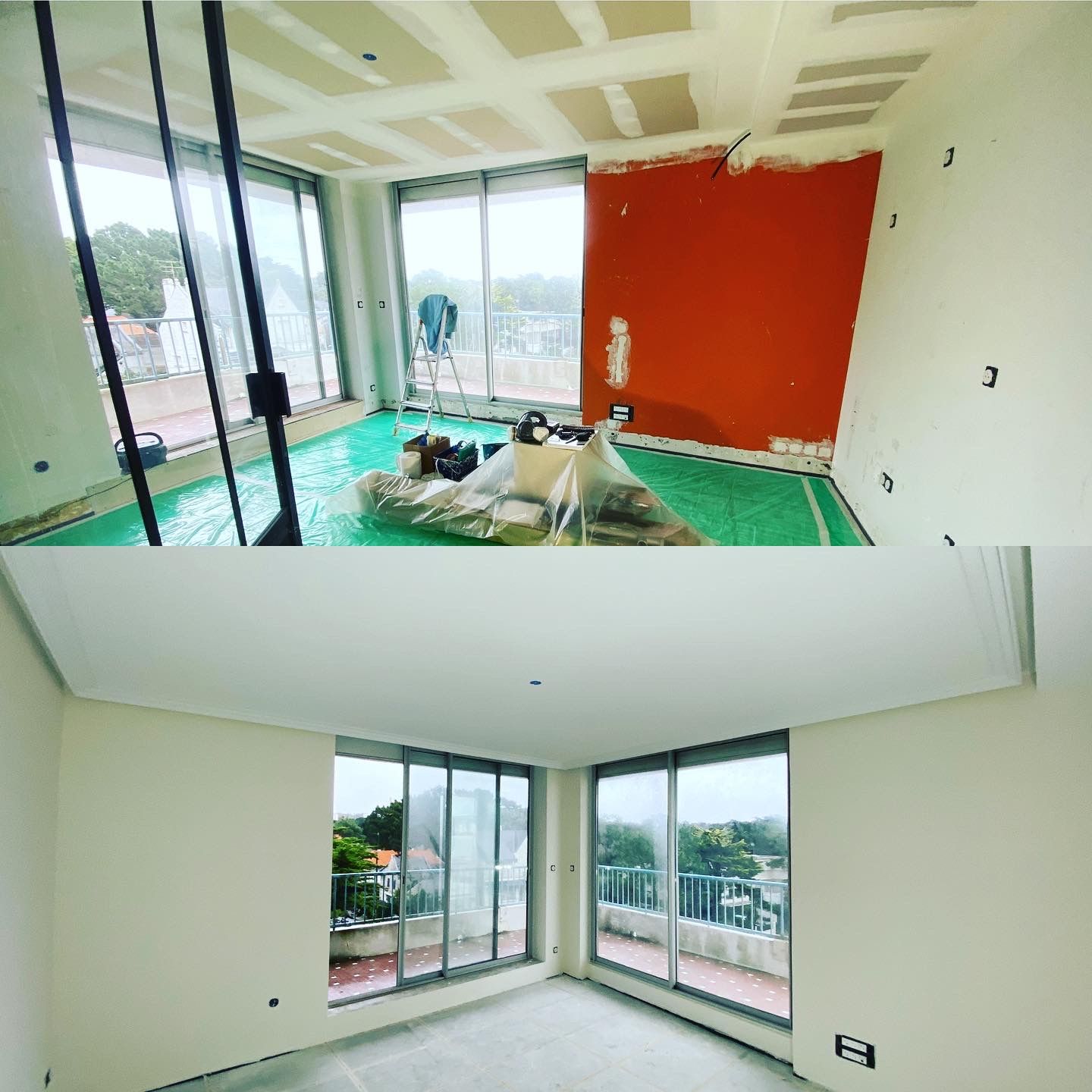 En haut : Pièce en construction avec cloisons sèches, mur d'accent rouge et grandes fenêtres. En bas : Pièce terminée, murs clairs et fenêtres.