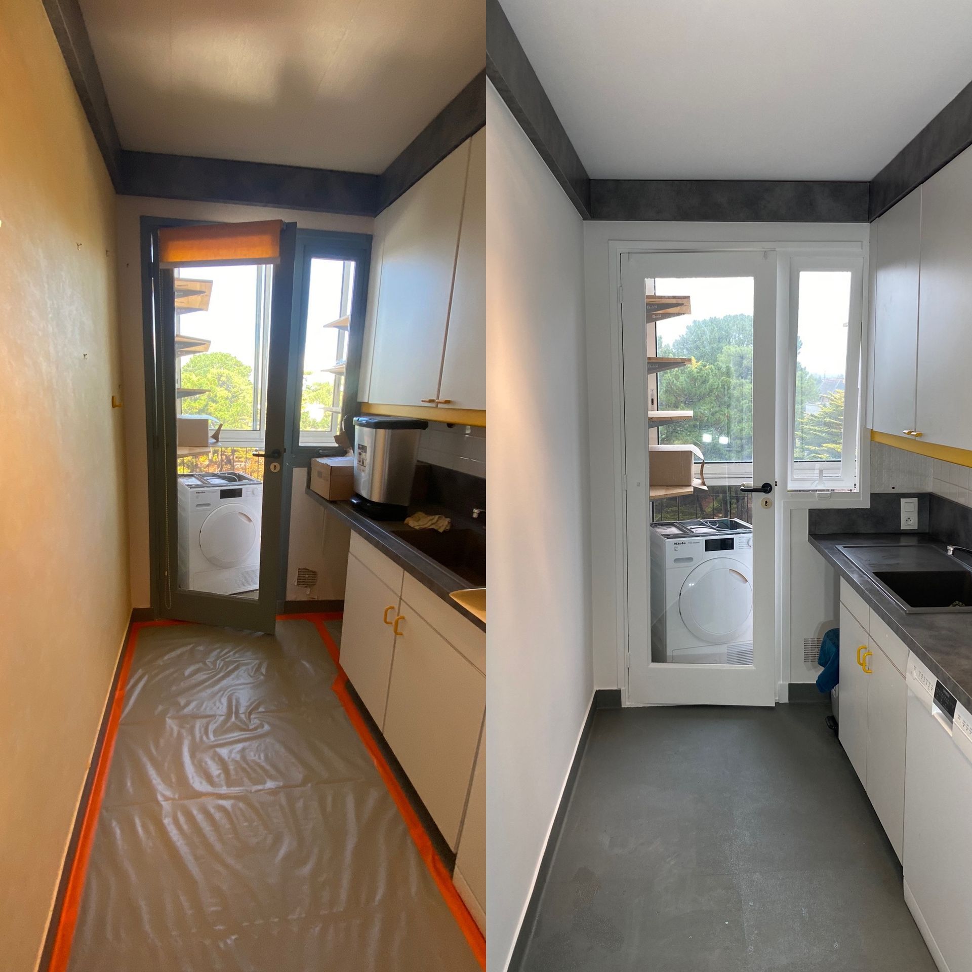 Avant/après rénovation de cuisine. À gauche : murs jaunes, sol gris. À droite : murs blancs, sol gris foncé.