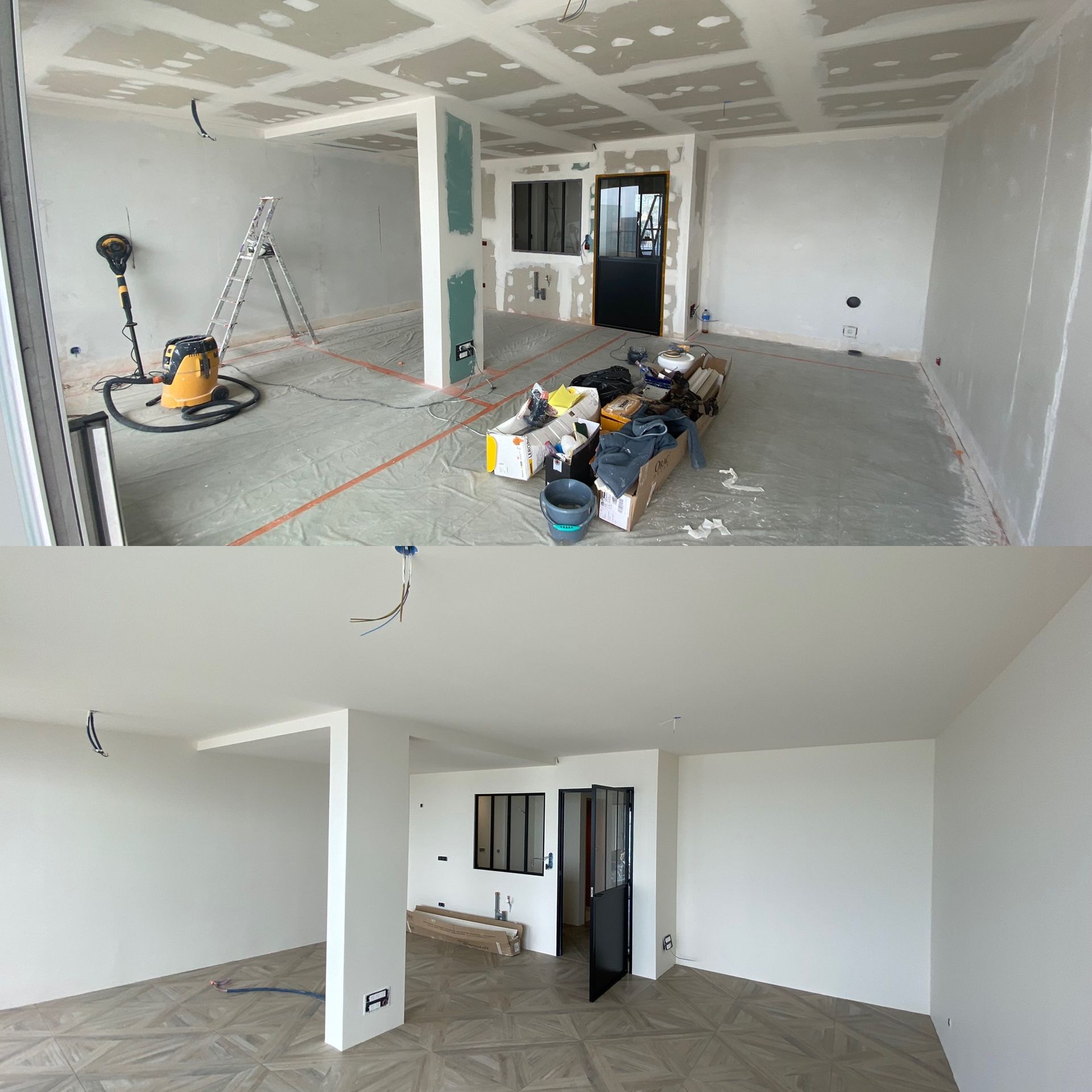 Comparaison d'une pièce pendant les travaux et après rénovation. Murs blancs, sol gris, avant désordonné, après nettoyage.