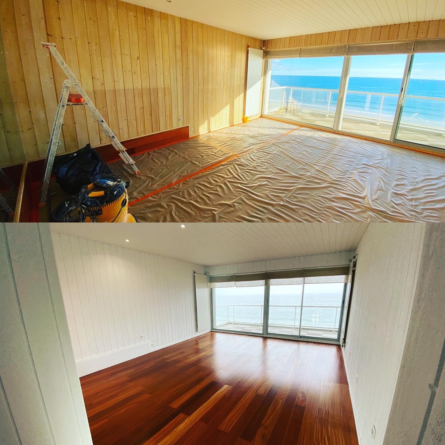 Avant/après d'une chambre avec vue sur l'océan. En haut : murs lambrissés et sol recouvert de plastique. En bas : murs blancs, parquet.