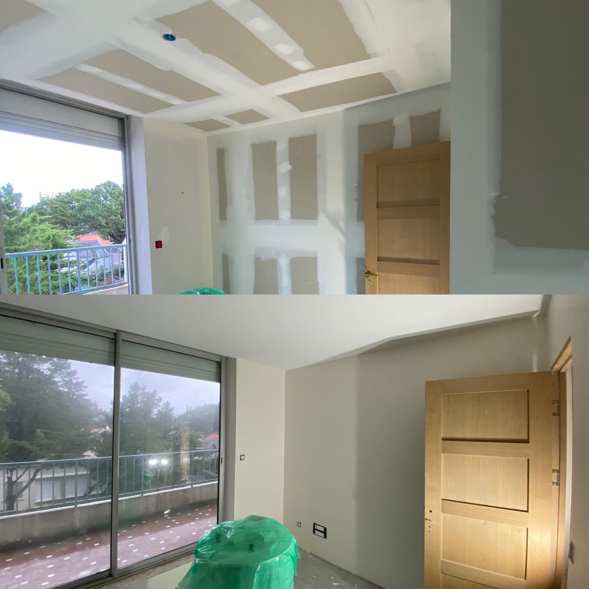 Avant et après la rénovation d'une pièce, montrant l'installation des cloisons sèches et la peinture terminée.