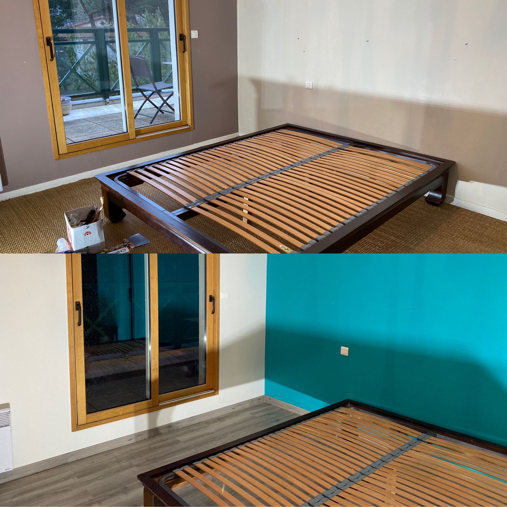 Vues de deux chambres, avant et après peinture. Cadre de lit, fenêtre avec moulures marron, murs bleu sarcelle et crème.