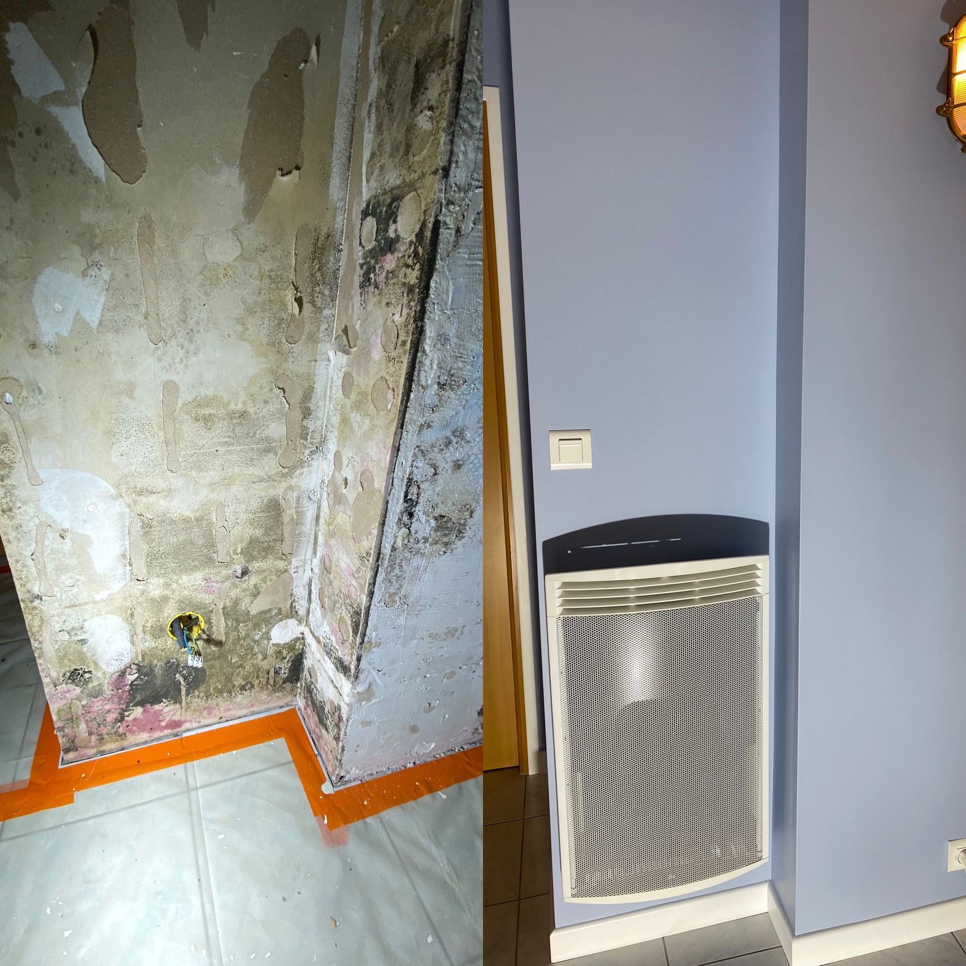 Vue avant et après d'un mur gravement endommagé par la moisissure ; puis, mur fraîchement peint en bleu, propre avec radiateur.