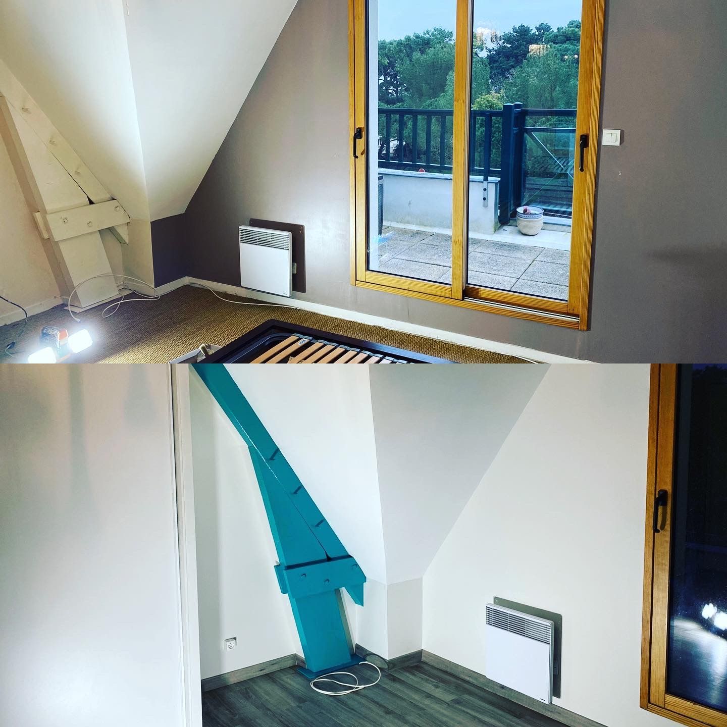 Rénovation d'une chambre avant/après. En haut : murs beiges, poutres en bois, fenêtre. En bas : murs blancs, touches de bleu.