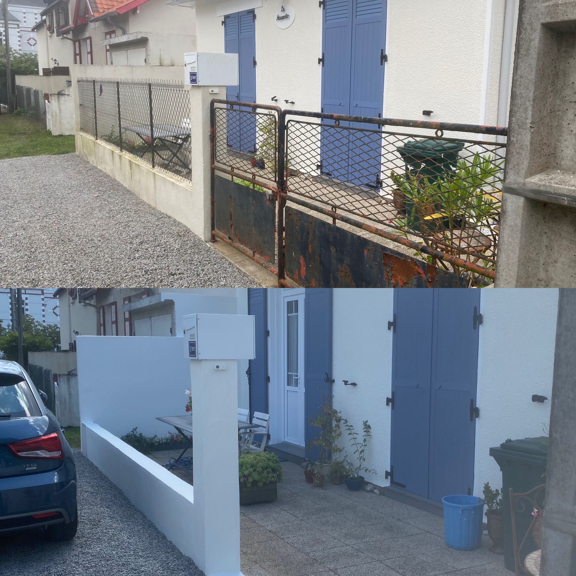 Comparaison : Avant/après d'une maison blanche avec des volets bleus, un nouveau mur blanc et une voiture garée devant.