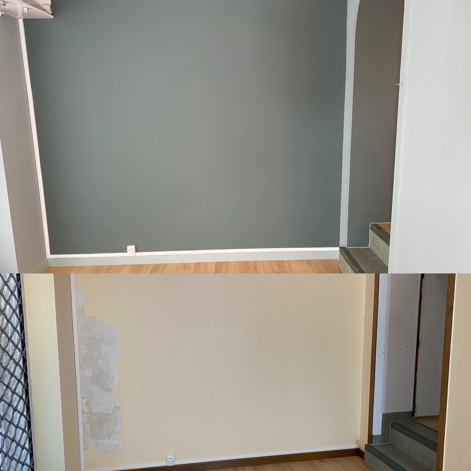 Comparaison de deux vues de pièces : l'une peinte en gris, l'autre en beige avec de la peinture écaillée, montrant un changement de couleur.