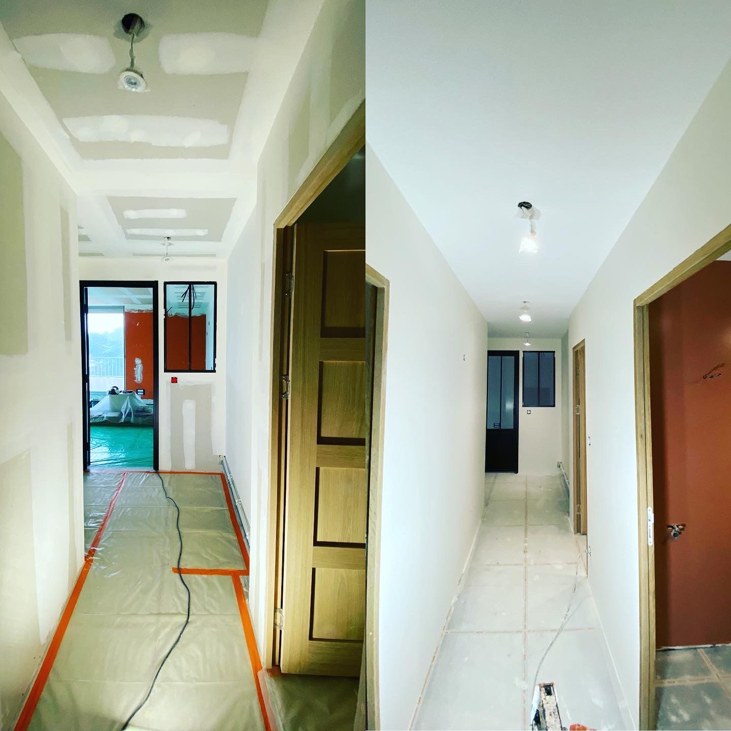 Couloir en cours de rénovation : avant et après. Placoplatre nu, puis peint en blanc. Cadres de portes et plafonniers visibles.