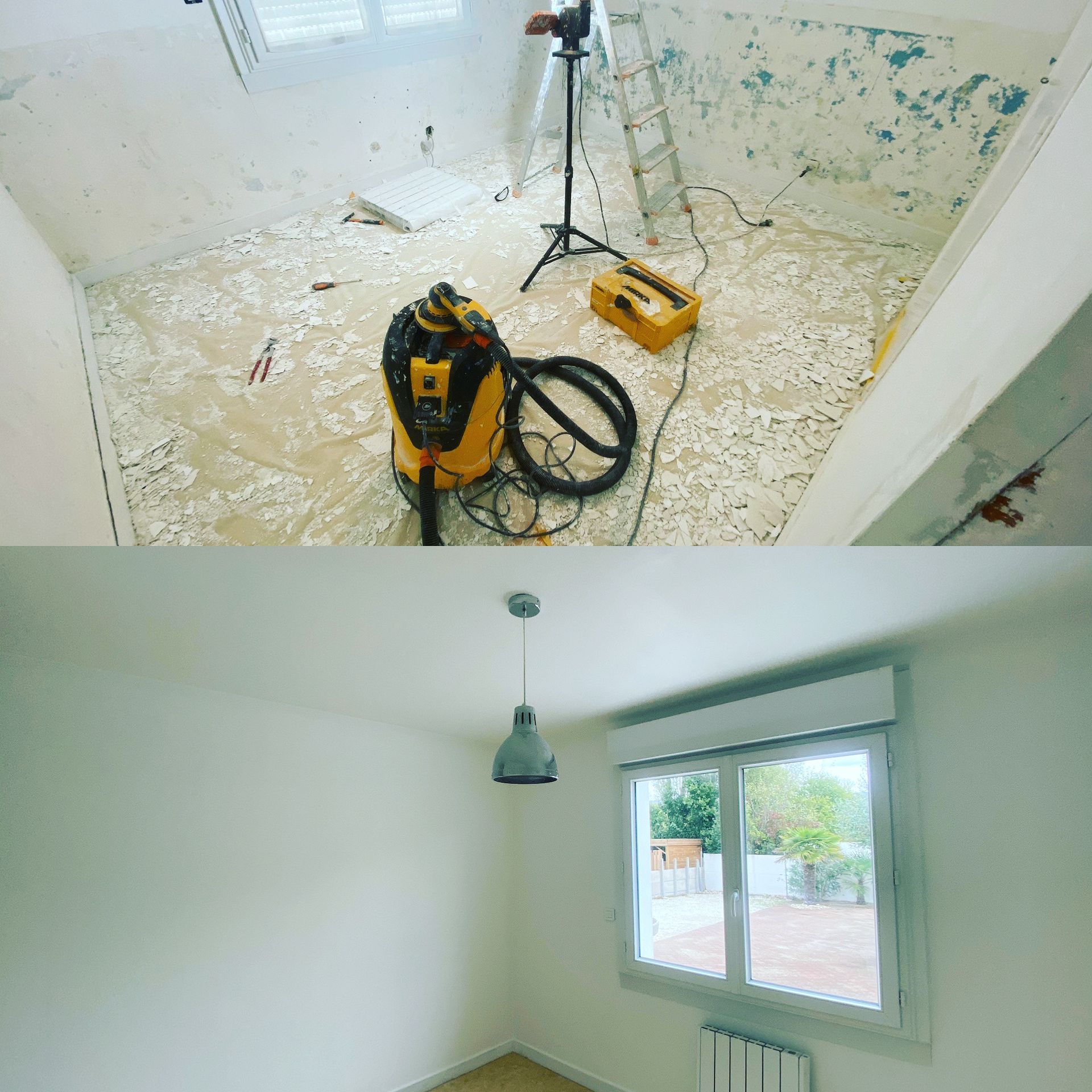 Rénovation de la chambre : en haut, on voit les travaux en cours ; en bas, la chambre terminée et propre.