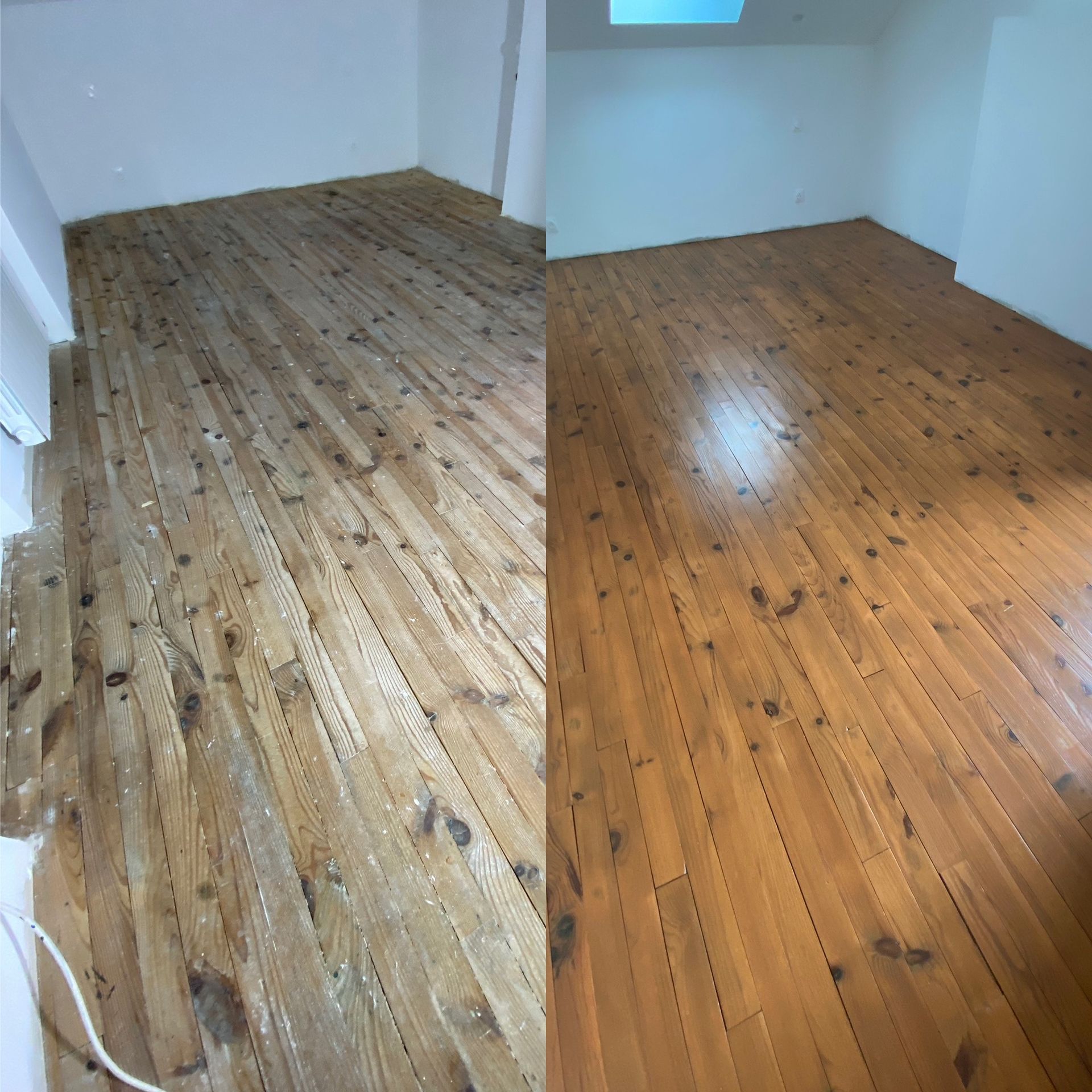 Vue avant/après d'un parquet. Le côté gauche est mat et brut, le côté droit est brillant et poli.