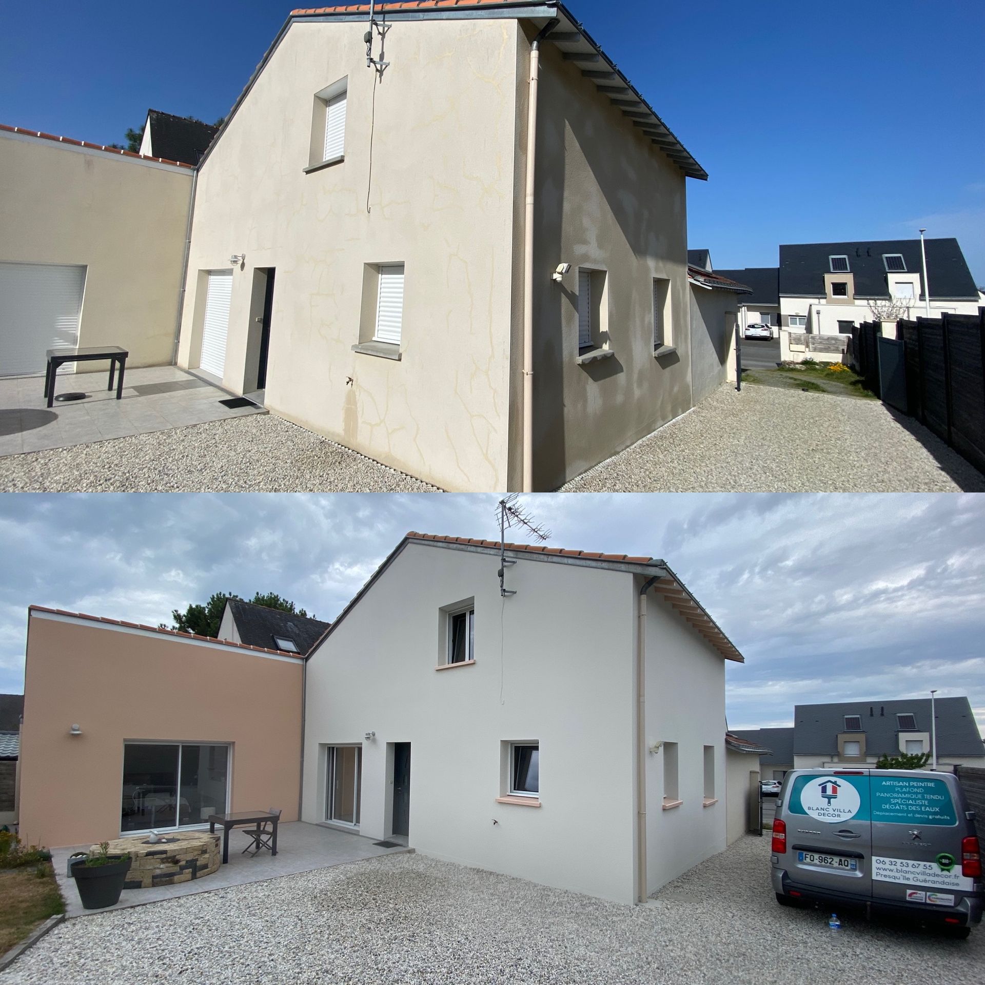 Rénovation extérieure de maison avant/après : murs beiges et roses, allée de gravier, ciel bleu.