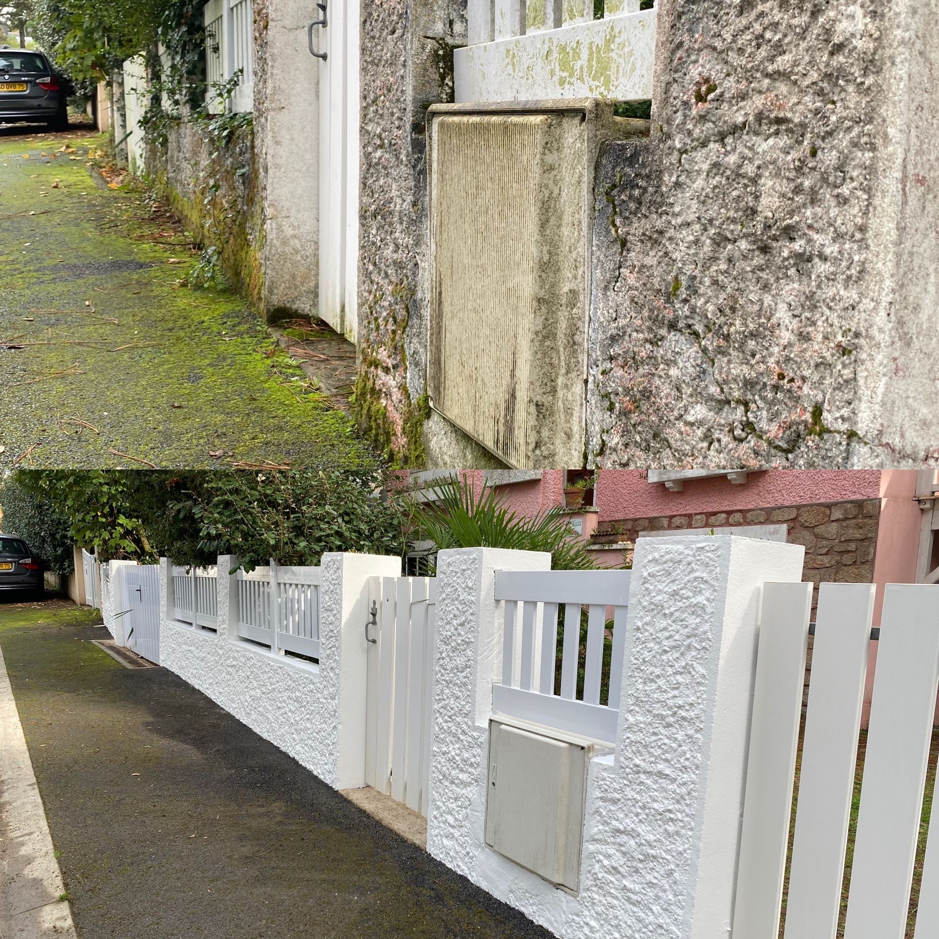 Comparaison d'un avant-après d'une clôture blanche et d'un mur texturé ; l'après est propre.