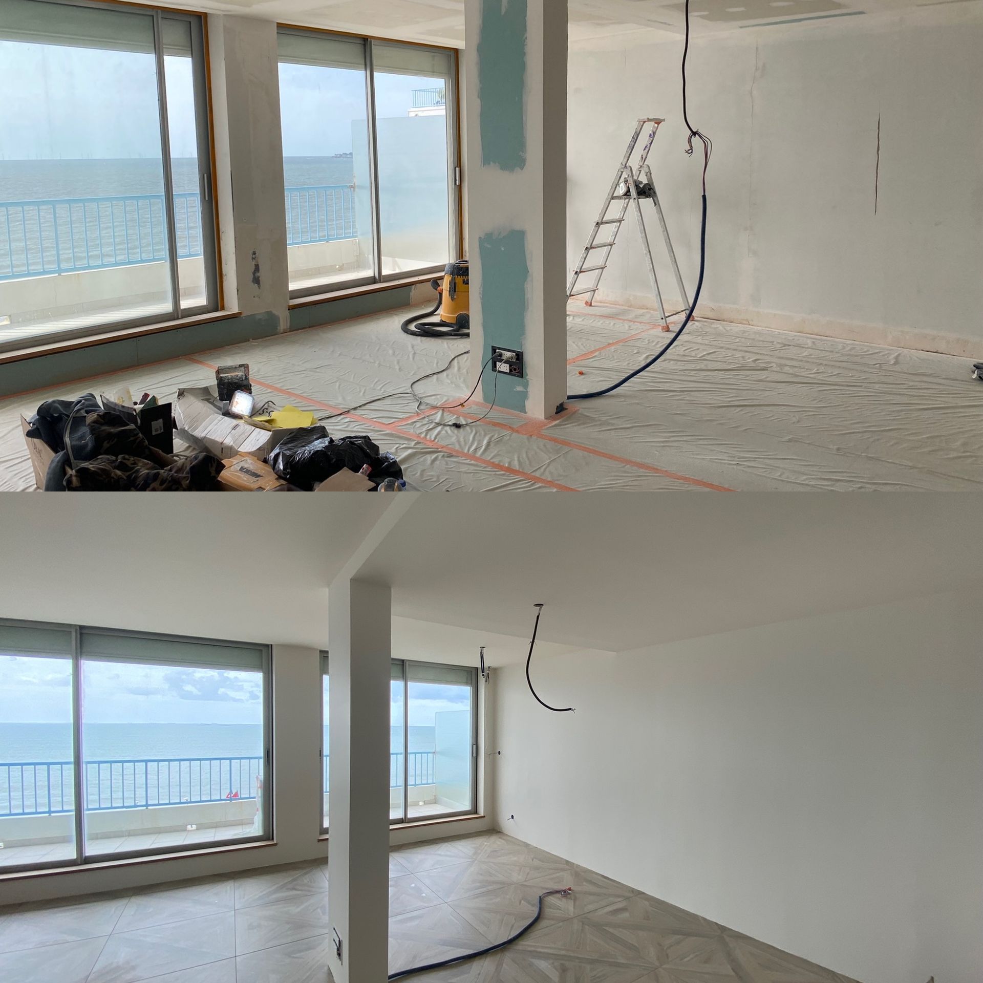 Rénovation avant et après : chambre avec vue sur l'océan, fils apparents, puis finition avec murs et plafond blancs.