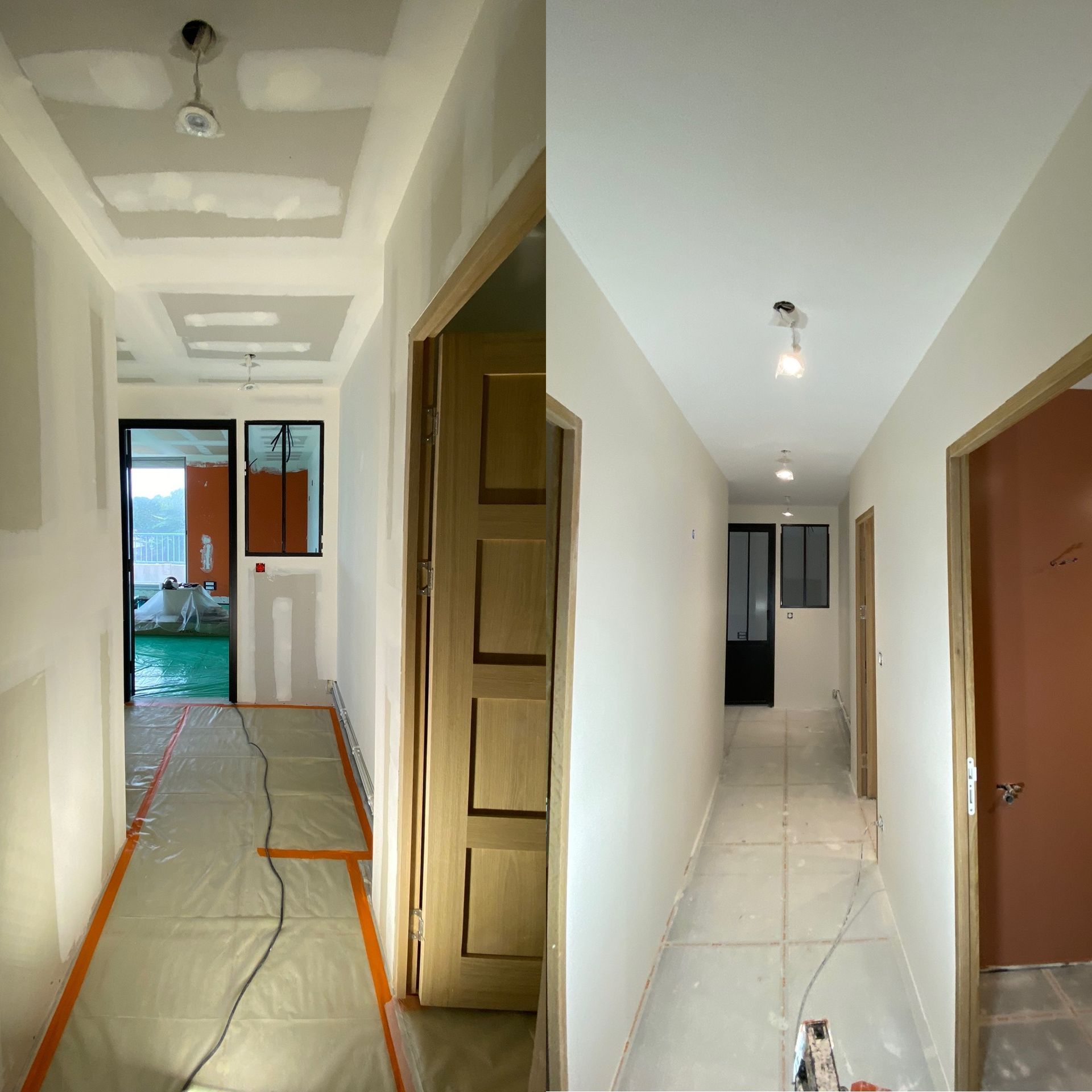 Couloir rénové : avant et après. Cloisons sèches, câblage apparent et portes donnant sur un espace fini et peint.