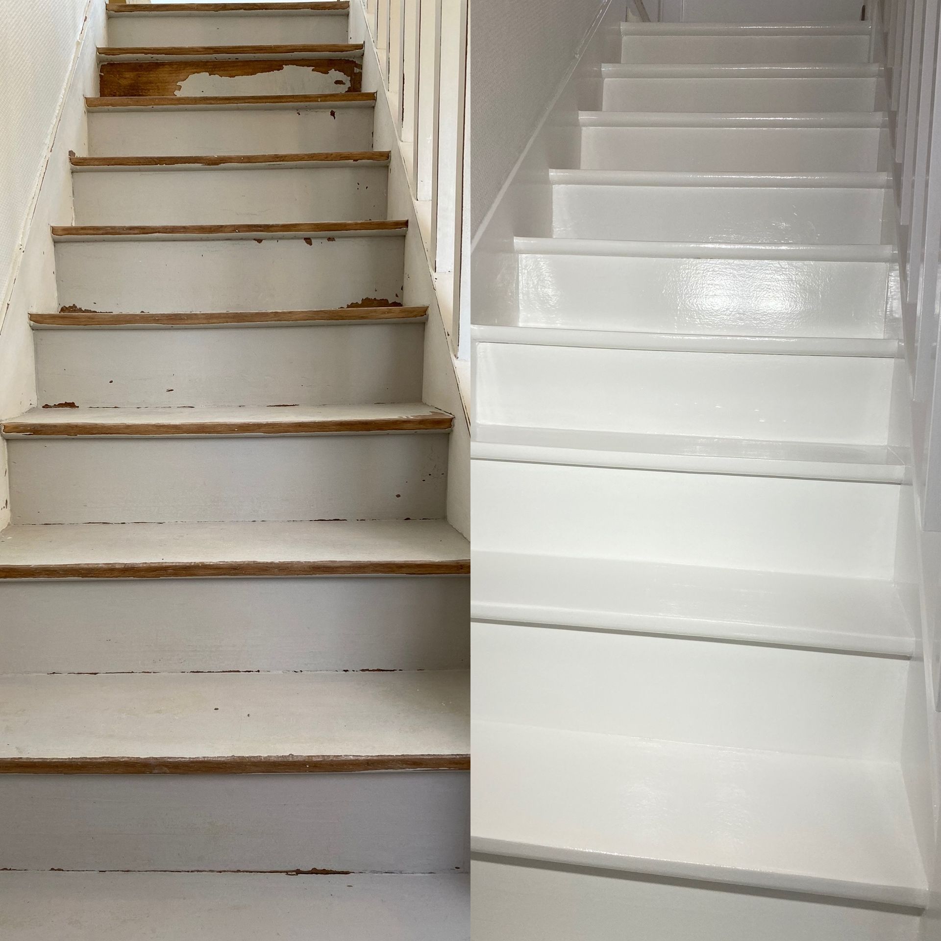 Avant et après un escalier. L'avant présente une peinture écaillée. L'après est peint en blanc, d'apparence impeccable.