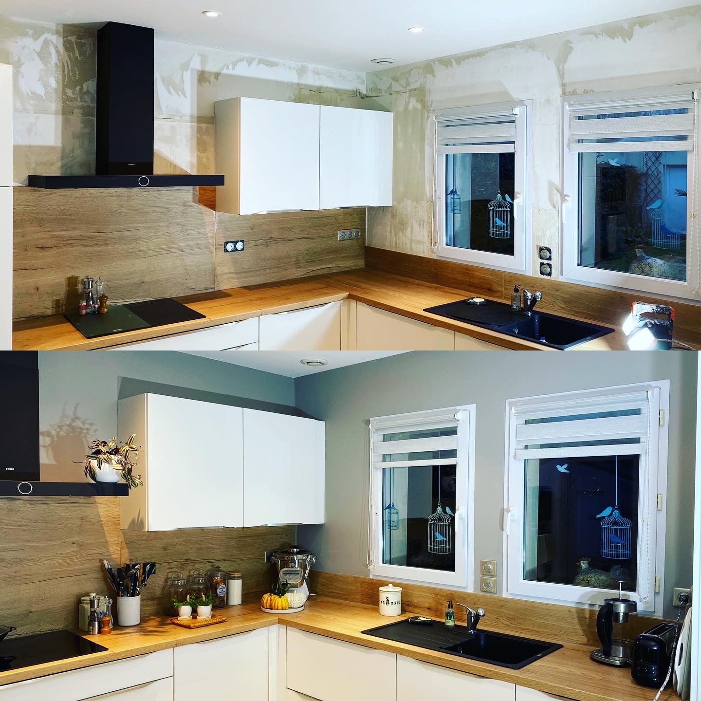 Cuisine avant et après rénovation : armoires blanches, comptoirs en bois, électroménagers noirs, murs gris.