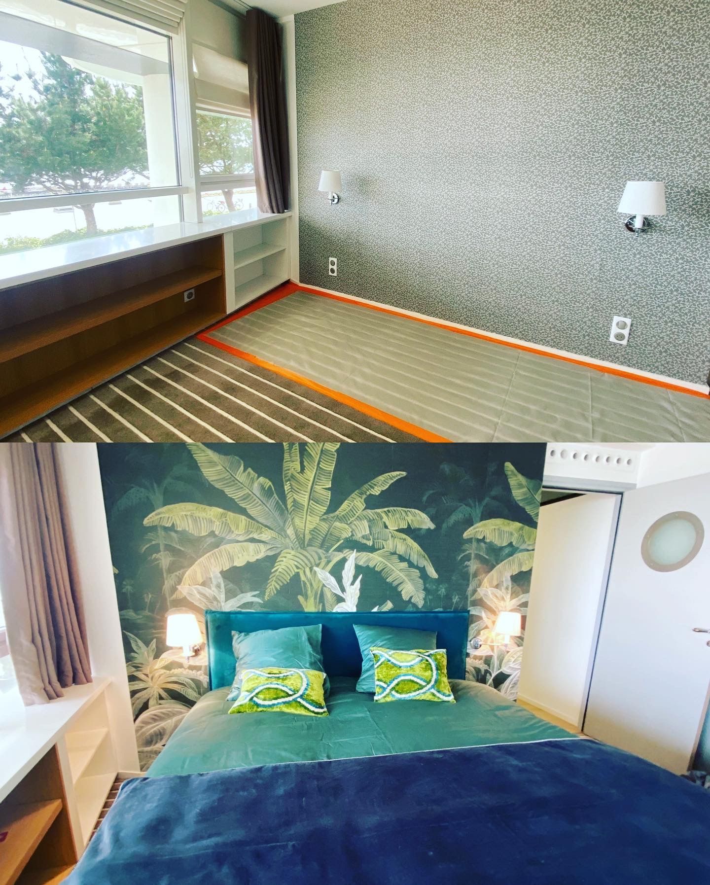 Chambre avant/après rénovation. En haut : pièce vide avec mur à motifs. En bas : chambre avec lit et papier peint végétal.
