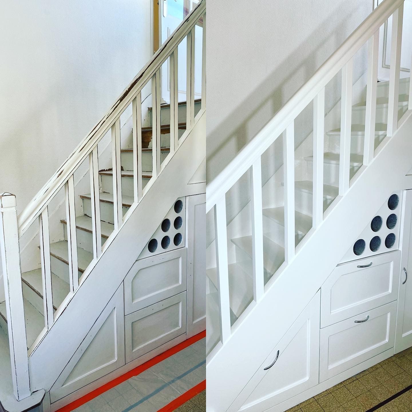 Escalier blanc avec rangement en dessous ; images avant et après montrant les travaux de finition.