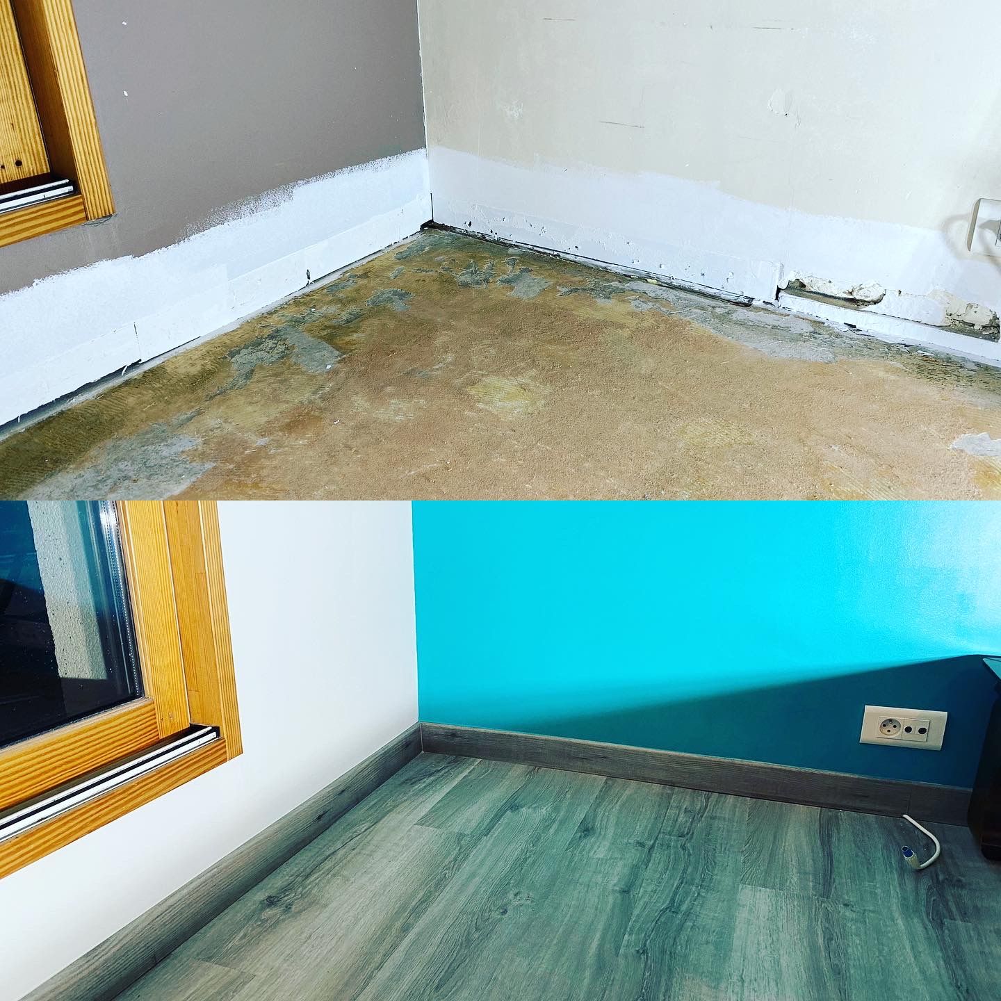 Vue avant/après d'un angle. En haut : sol et mur endommagés. En bas : nouveau revêtement de sol et mur peint en bleu.