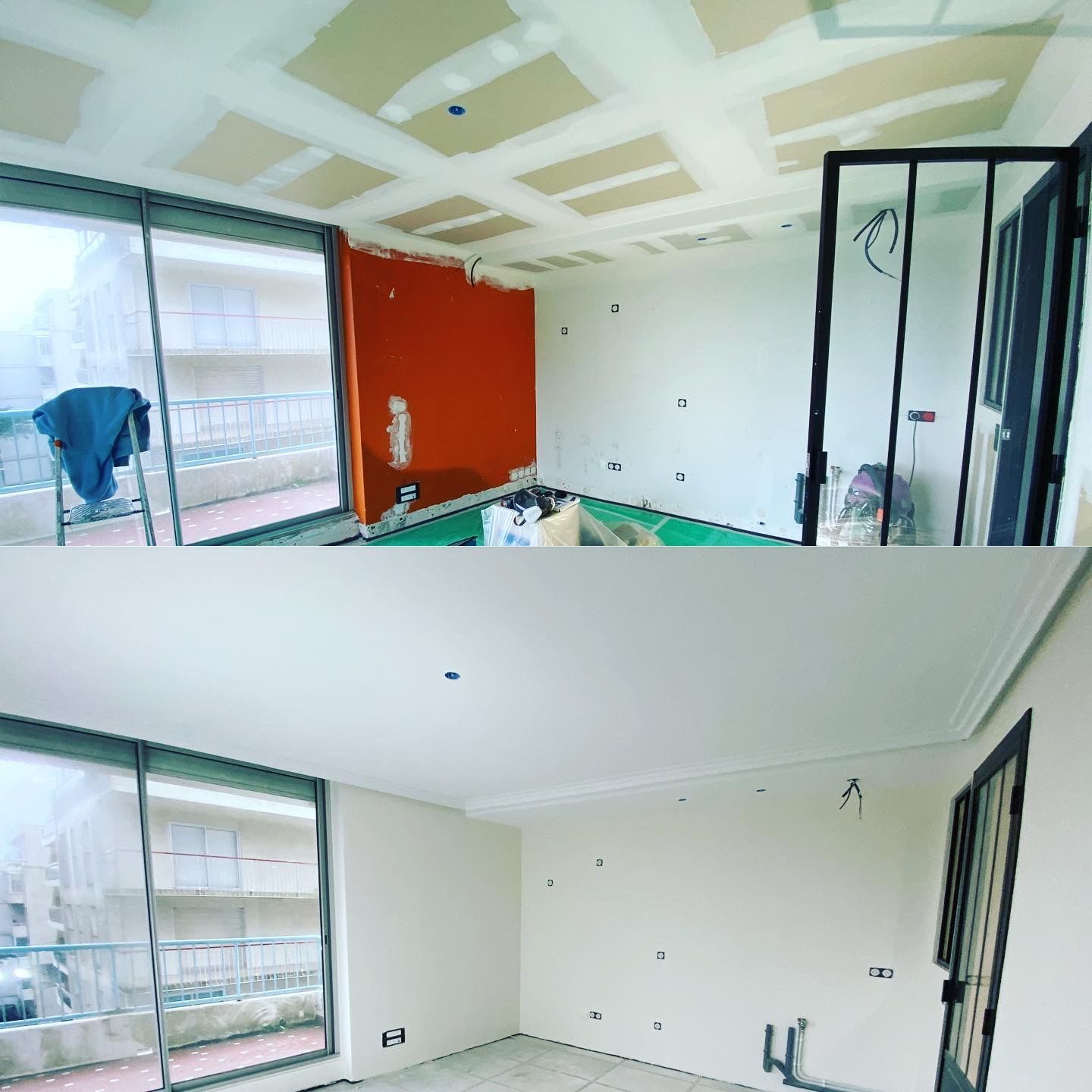 Deux photos montrant une pièce en construction (en haut) et une pièce rénovée (en bas). Les murs sont blancs, avec des touches d'orange.