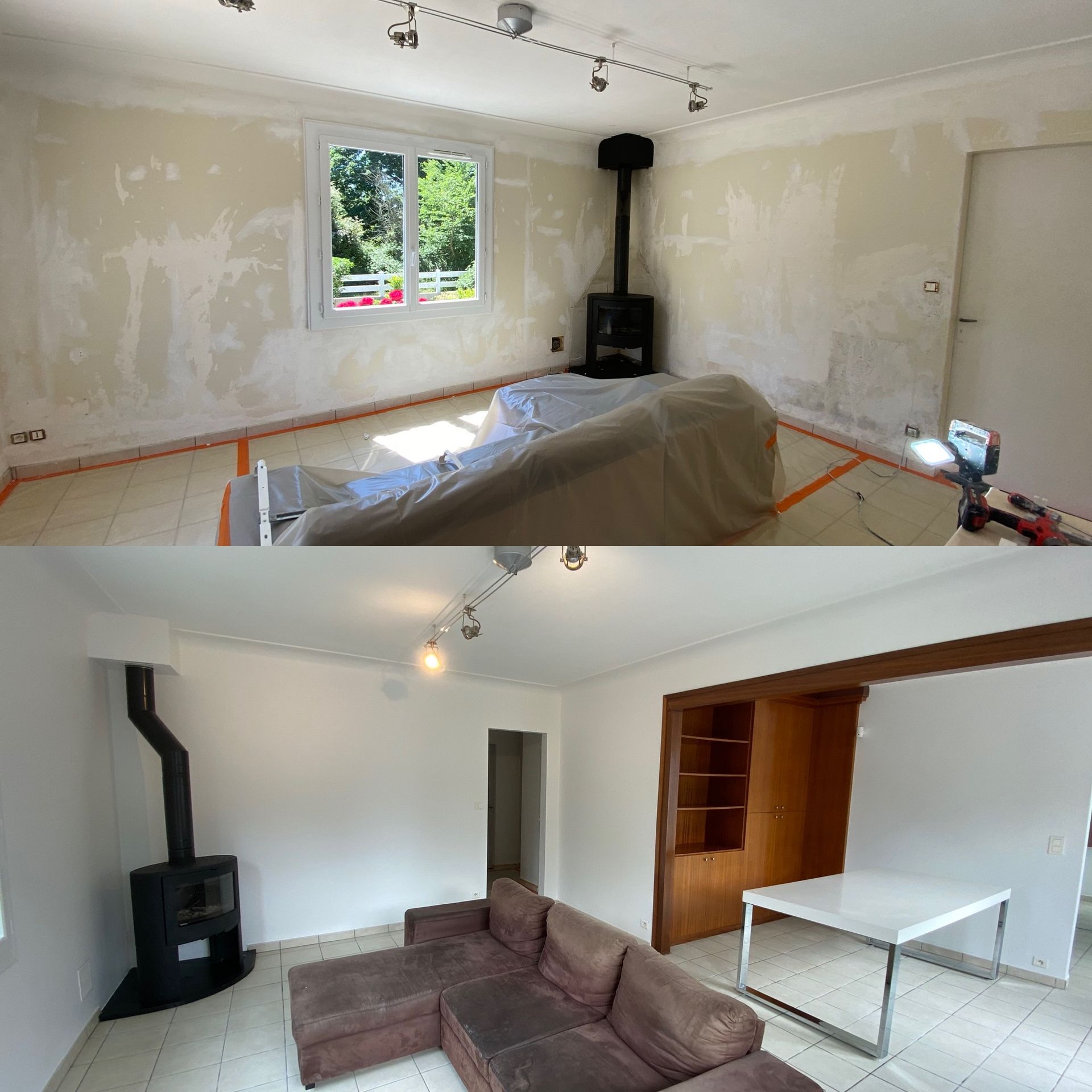 Deux images d'une rénovation de pièce ; photo du haut : murs non finis, photo du bas : murs blancs terminés et un espace de vie meublé.